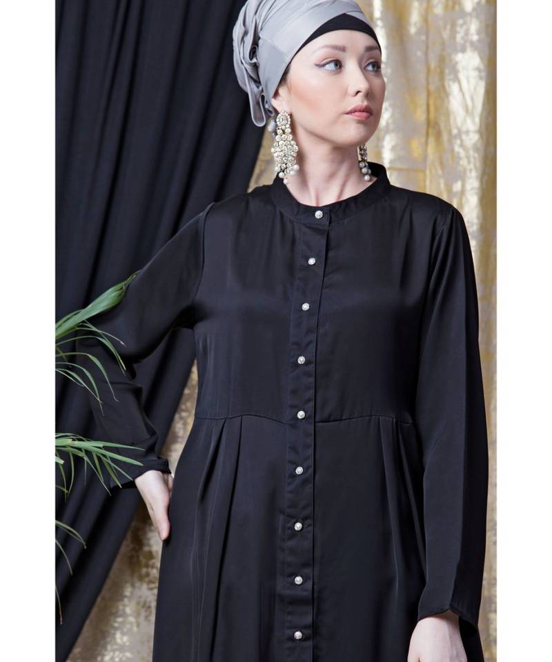Black Nazneen Front Open With Pleats From Waist Casual Abaya