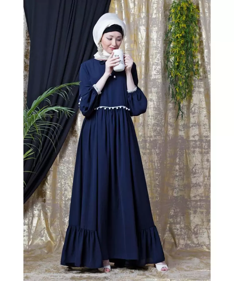Blue Nazneen Balloon Sleeve Pom Pom Lace Bohemian  Abaya