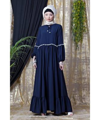Blue Nazneen Balloon Sleeve Pom Pom Lace Bohemian  Abaya 2