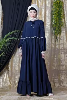 Blue Nazneen Balloon Sleeve Pom Pom Lace Bohemian  Abaya