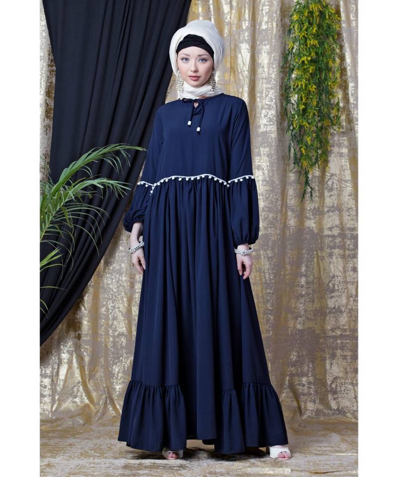 Blue Nazneen Balloon Sleeve Pom Pom Lace Bohemian  Abaya