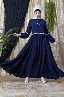 Blue Nazneen Balloon Sleeve Pom Pom Lace Bohemian  Abaya
