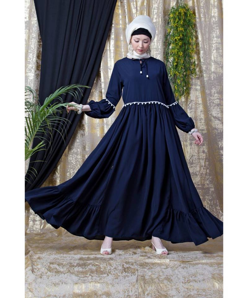 Blue Nazneen Balloon Sleeve Pom Pom Lace Bohemian  Abaya