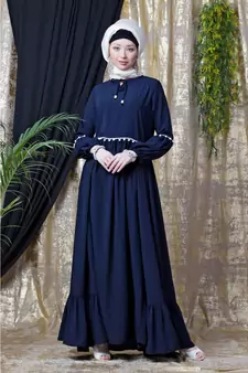 Blue Nazneen Balloon Sleeve Pom Pom Lace Bohemian  Abaya