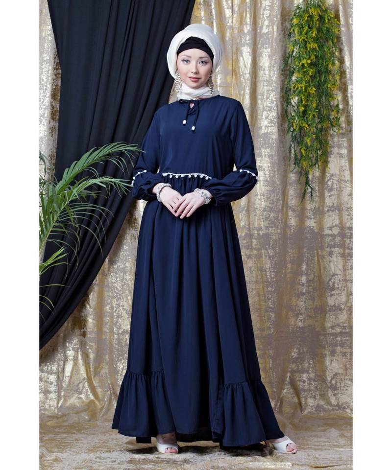 Blue Nazneen Balloon Sleeve Pom Pom Lace Bohemian  Abaya