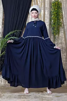 Blue Nazneen Balloon Sleeve Pom Pom Lace Bohemian  Abaya