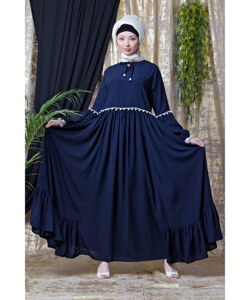 Blue Nazneen Balloon Sleeve Pom Pom Lace Bohemian  Abaya