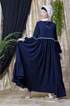 Blue Nazneen Balloon Sleeve Pom Pom Lace Bohemian  Abaya