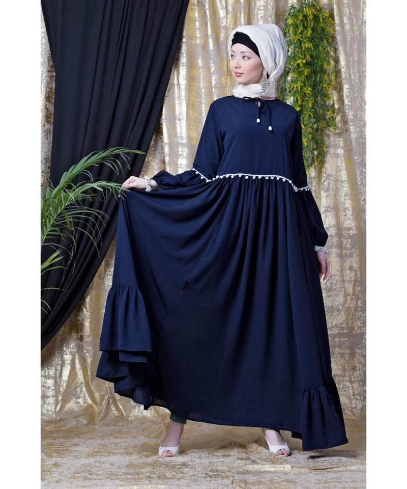 Blue Nazneen Balloon Sleeve Pom Pom Lace Bohemian  Abaya