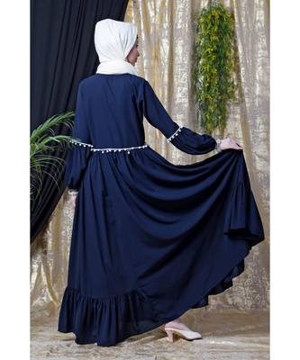 Blue Nazneen Balloon Sleeve Pom Pom Lace Bohemian  Abaya 7