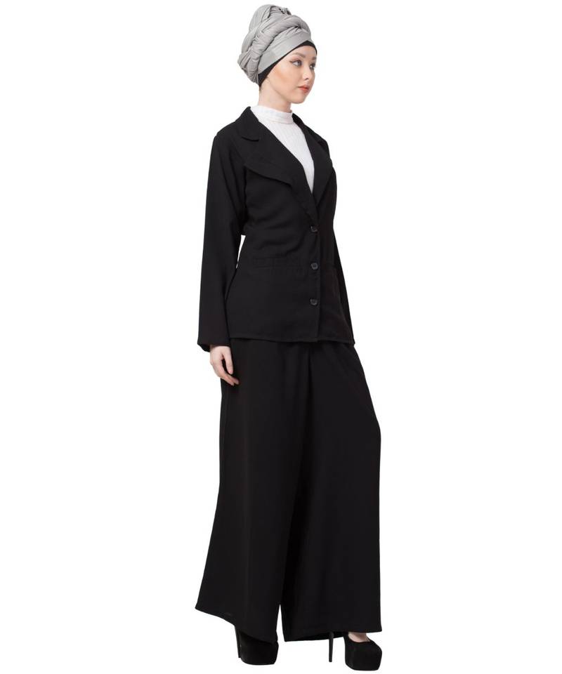Black Nazneen Executive Two Pc Contemprory Coat Pant Cum Abaya
