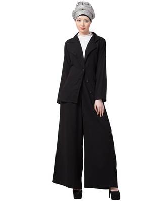 Black Nazneen Executive Two Pc Contemprory Coat Pant Cum Abaya 5