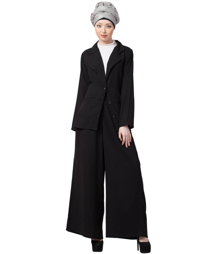 Black Nazneen Executive Two Pc Contemprory Coat Pant Cum Abaya