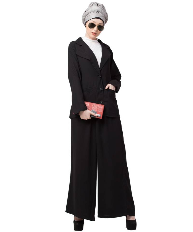 Black Nazneen Executive Two Pc Contemprory Coat Pant Cum Abaya