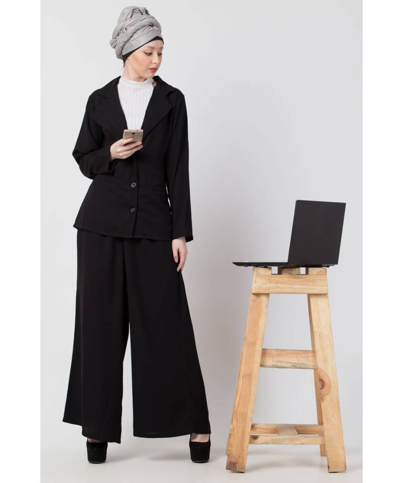 Black Nazneen Executive Two Pc Contemprory Coat Pant Cum Abaya