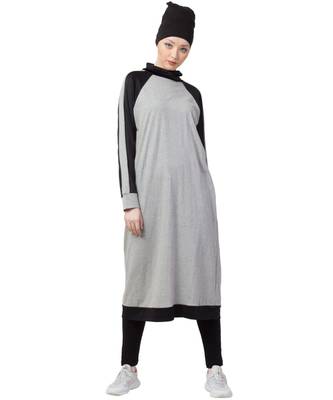 Grey Nazneen Contrast Knits Sports Abaya With Legging 1