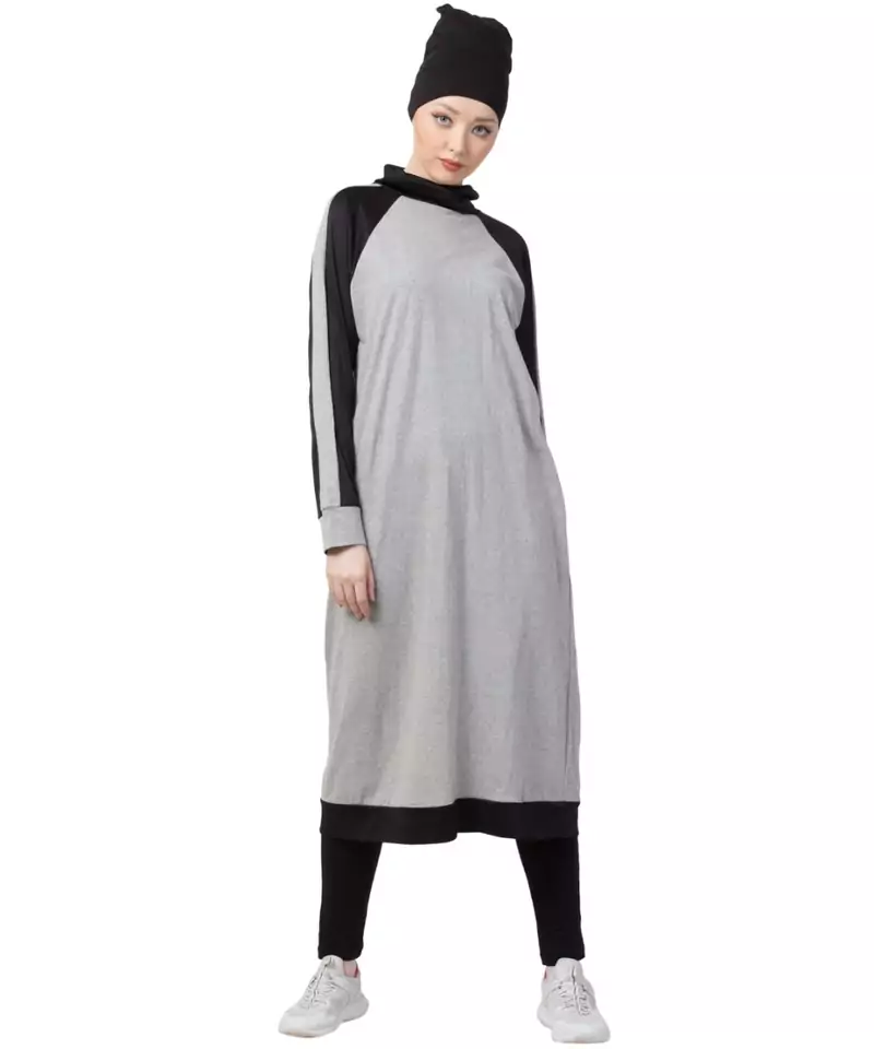 Grey Nazneen Contrast Knits Sports Abaya With Legging