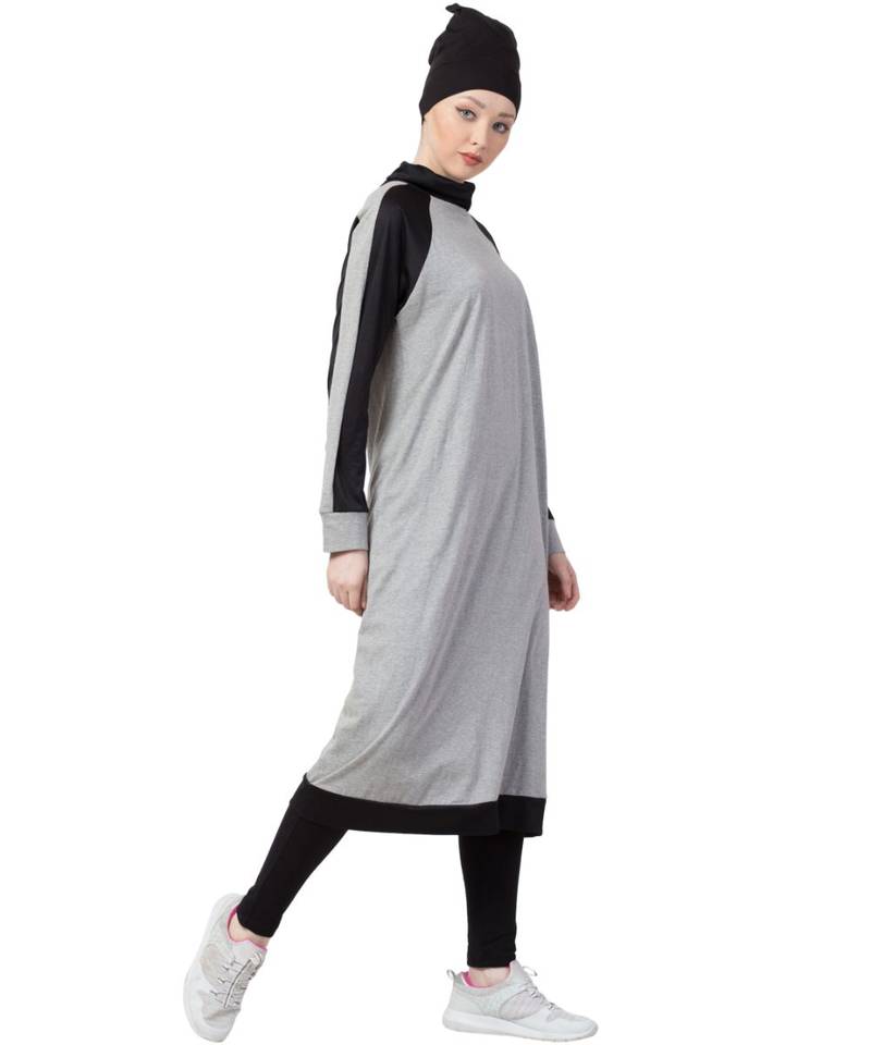 Grey Nazneen Contrast Knits Sports Abaya With Legging