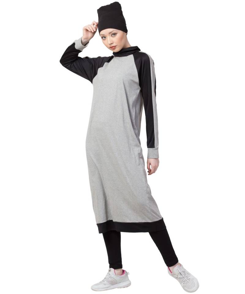 Grey Nazneen Contrast Knits Sports Abaya With Legging
