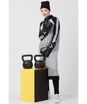 Grey Nazneen Contrast Knits Sports Abaya With Legging 6