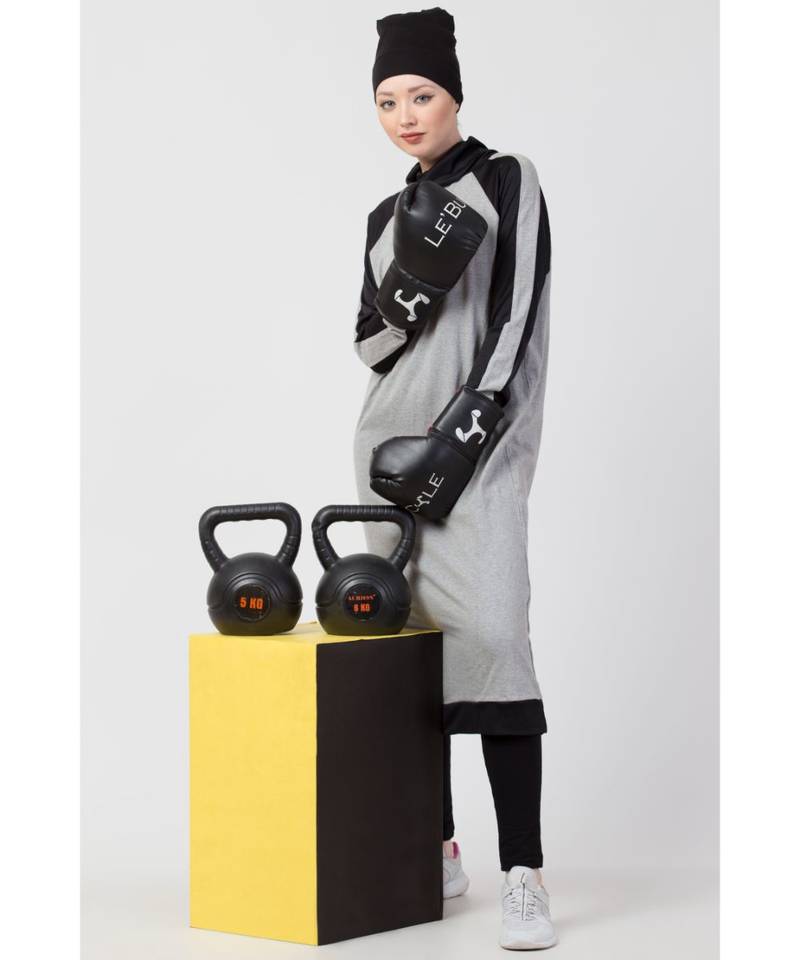 Grey Nazneen Contrast Knits Sports Abaya With Legging