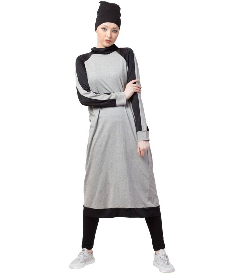 Grey Nazneen Contrast Knits Sports Abaya With Legging