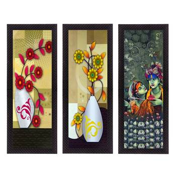 Set Of 3 Radha Krishna and Botanical Satin Matt Texture UV Art Painting 1