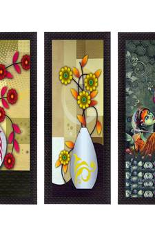 Set Of 3 Radha Krishna and Botanical Satin Matt Texture UV Art Painting