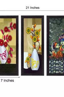 Set Of 3 Radha Krishna and Botanical Satin Matt Texture UV Art Painting