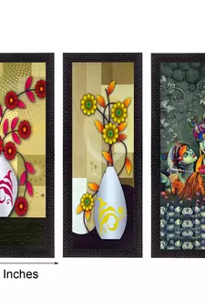 Set Of 3 Radha Krishna and Botanical Satin Matt Texture UV Art Painting