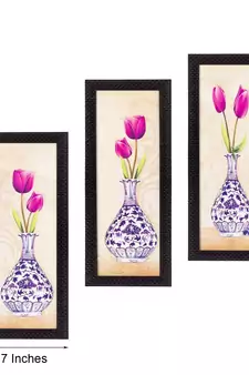 Set Of 3 Decorative Floral Botanical Pot Satin Matt Texture UV Art Painting
