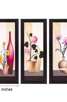 Set Of 3 Decorative Floral Botanical Pot Satin Matt Texture UV Art Painting
