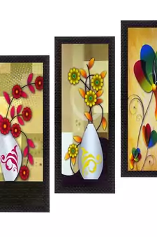 Set Of 3 Decorative Floral Botanical Pot Satin Matt Texture UV Art Painting
