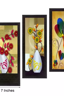 Set Of 3 Decorative Floral Botanical Pot Satin Matt Texture UV Art Painting