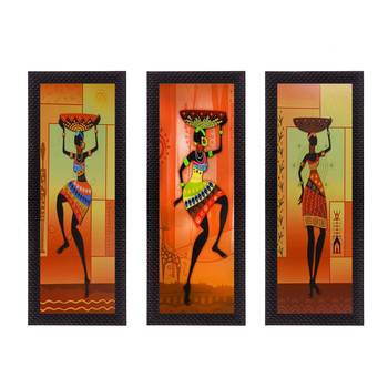 Set Of 3 Tribal Ladies Satin Matt Texture UV Art Painting 1