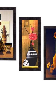 Set Of 3 Decorative Floral Botanical Pot Satin Matt Texture UV Art Painting