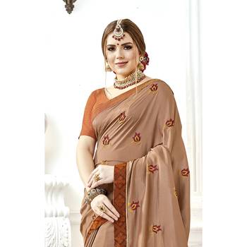Brown embroidered chanderi silk saree with blouse 2