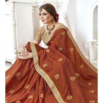 Brown embroidered chanderi silk saree with blouse 2