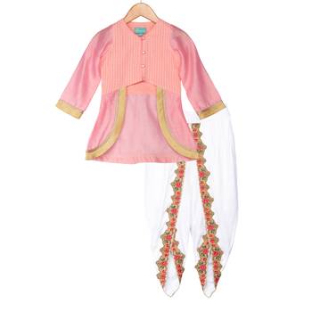 Mughal-Style Top with Colorful Trimmed Dhoti - Pink & White 2