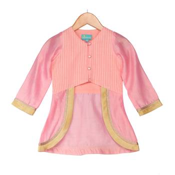 Mughal-Style Top with Colorful Trimmed Dhoti - Pink & White 3
