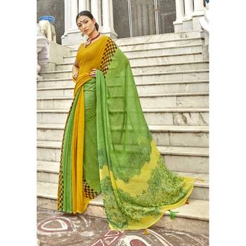 Green printed georgette saree with blouse 1