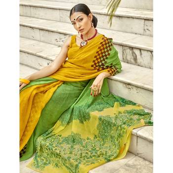 Green printed georgette saree with blouse 2