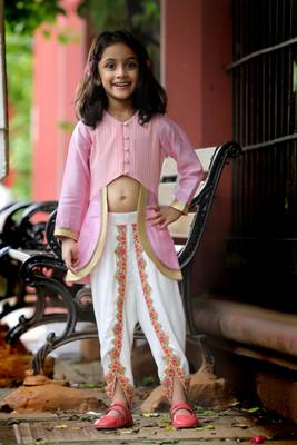 Mughal-Style Top with Colorful Trimmed Dhoti - Pink & White 1