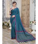 Blue printed cotton saree with blouse