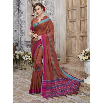 Brown printed cotton saree with blouse 1