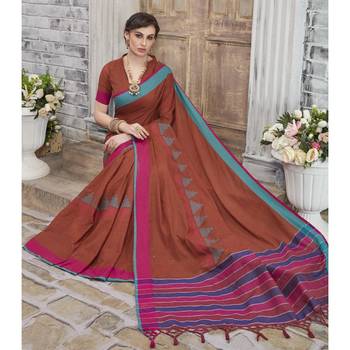 Brown printed cotton saree with blouse 2