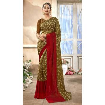 Brown printed chiffon saree with blouse 1