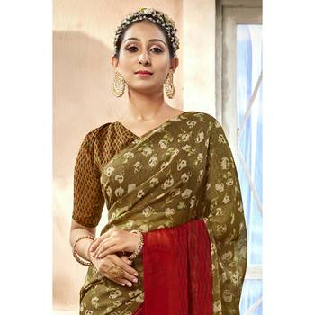 Brown printed chiffon saree with blouse 2