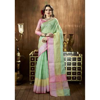 Green plain cotton silk saree with blouse 1