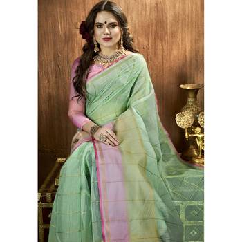 Green plain cotton silk saree with blouse 2
